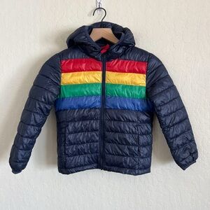 Primary Kids Rainbow Stripe Lightweight Hooded Packable Puffer Jacket 6-7 Winter
